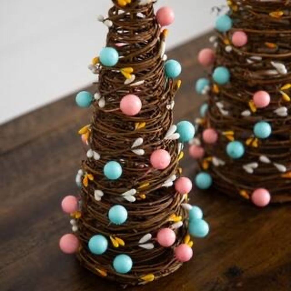 Artificial Easter Rattan Cone Trees with Pastel Eggs - Set of 3